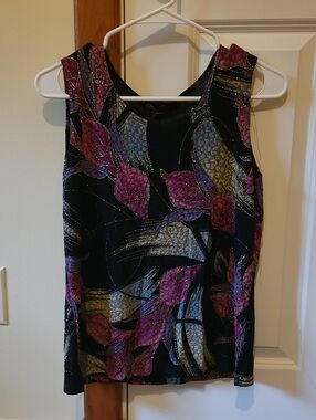 Mirasol Black Tank Top with Purple and Gold Leaf Print
